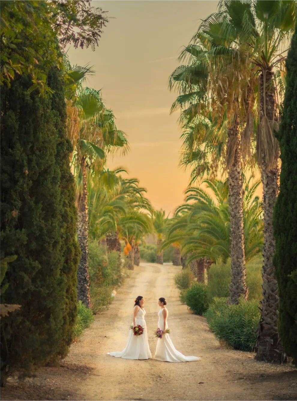 Couple walking down a palm-lined path at sunset during an intimate elopement in Andalusia