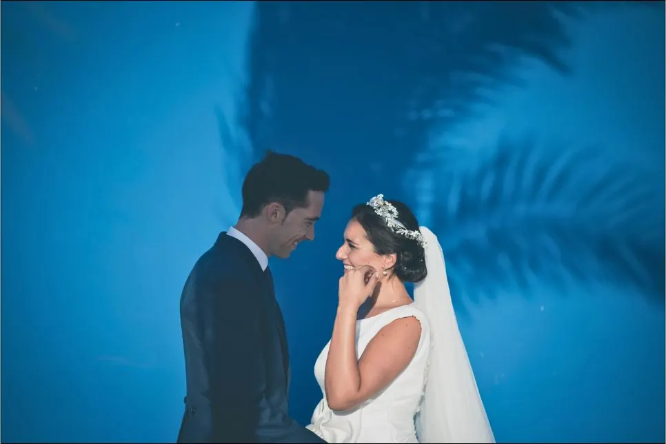 Couple sharing an intimate moment under a palm tree at blue hour
